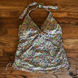 Paisley halter tankini top: navy/coral/green/white